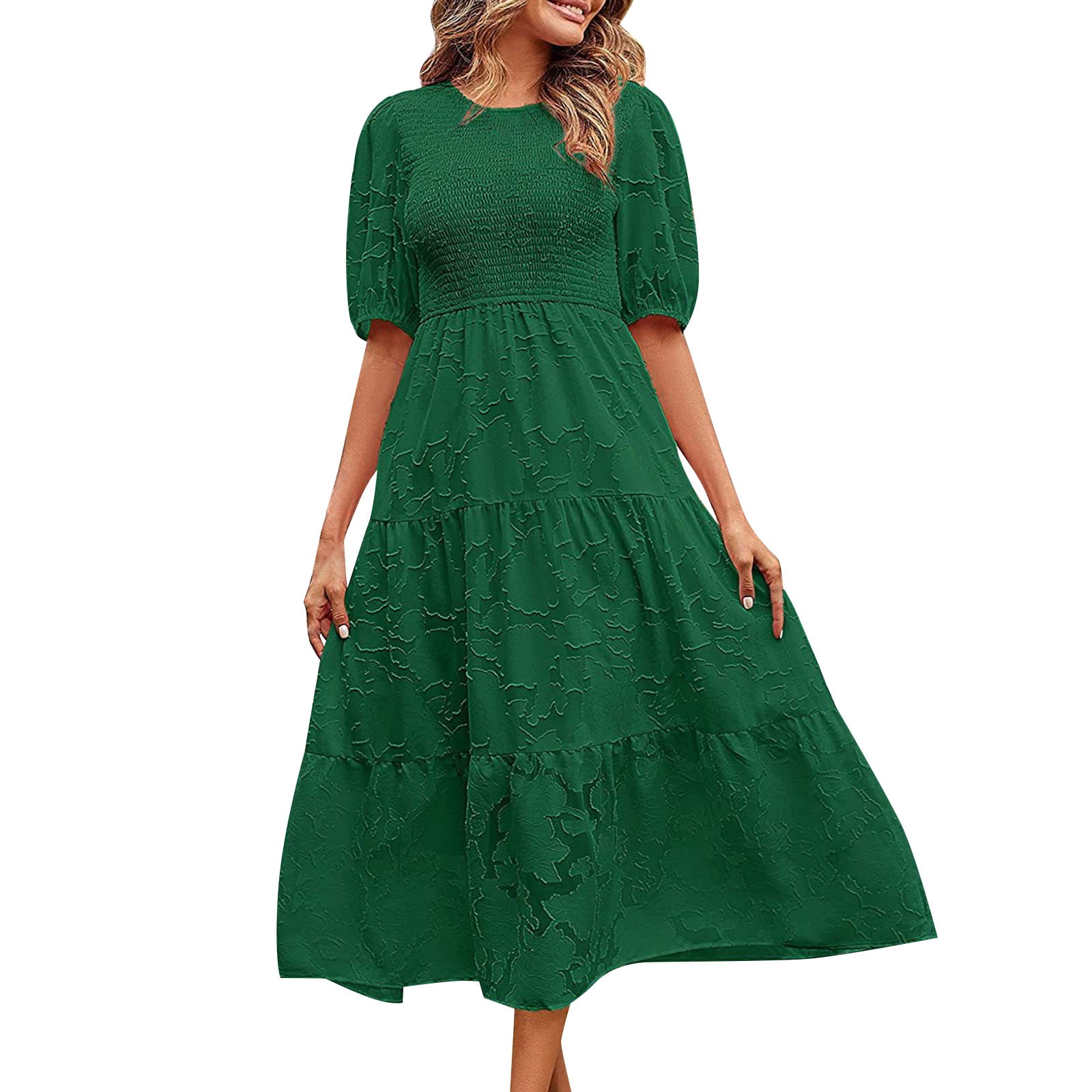 Women Summer Dresses 2023 Round Neck Pleated Puff Sleeve Layered Floral