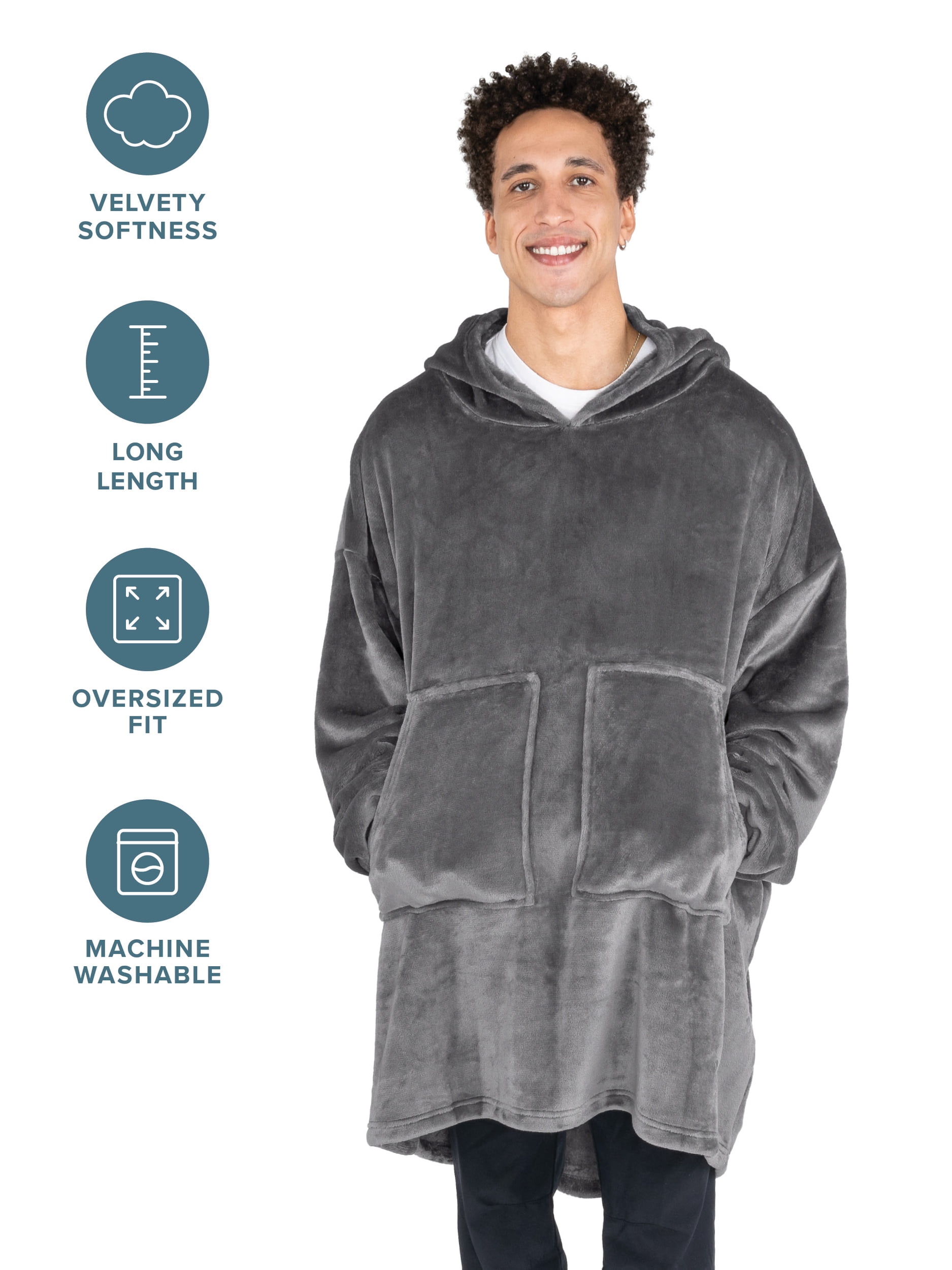 Bare Homey Adult Size Microplush Wearable Blanket, Split Front Pocket, Gray