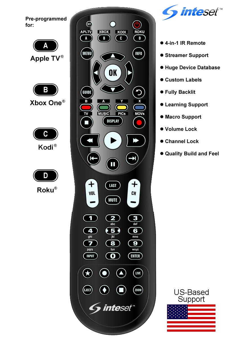 Smadre Rationalisering Vise dig Inteset 4-in-1 Universal Backlit IR Learning Remote for use with Apple TV,  Xbox One, Roku, Media Center/Kodi, Nvidia Shield, Most Streamers & Other A/V  Devices - Walmart.com