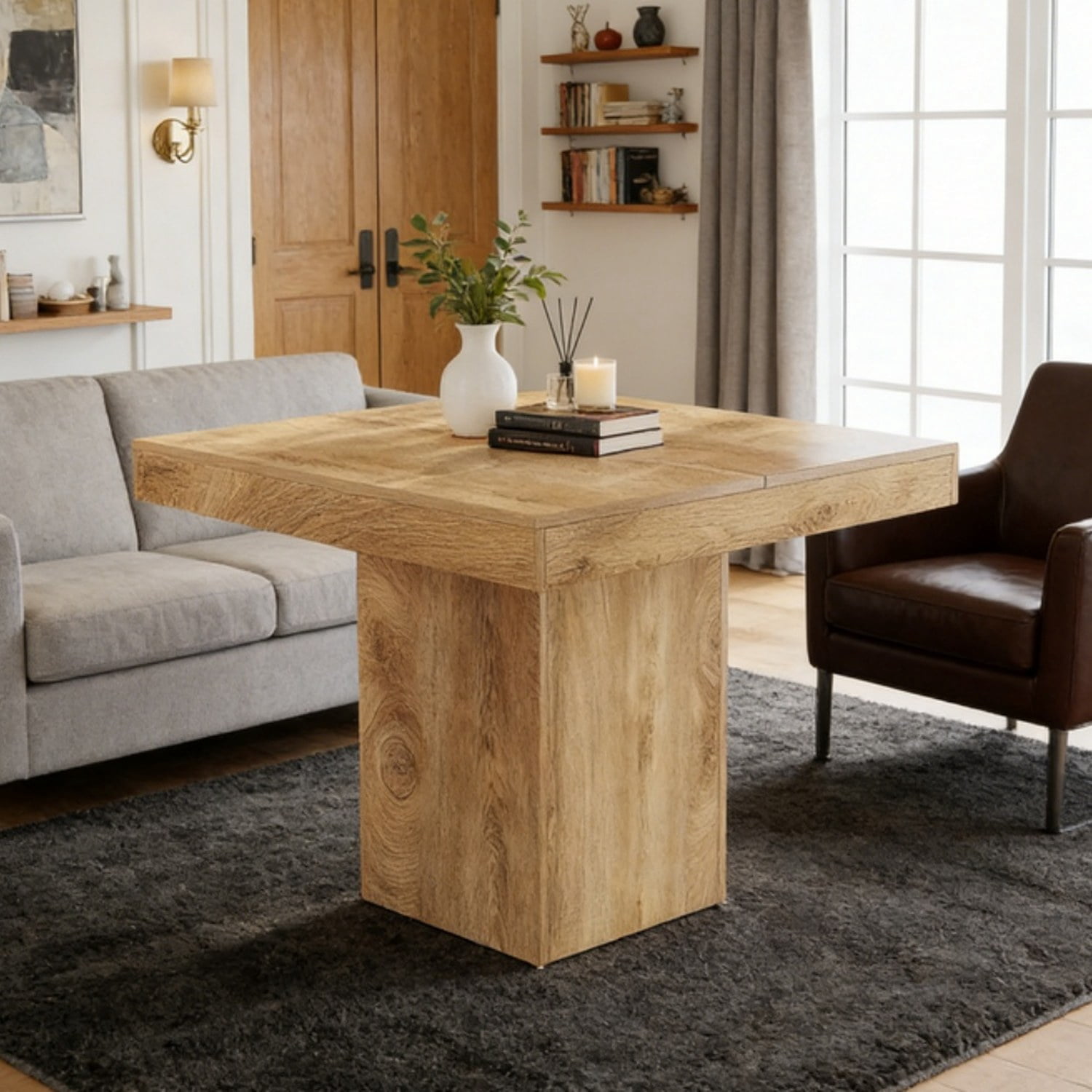 Dining Table, 39" Square Wood Kitchen Table with Pedestal Base, Seats 4, Natural Finish
