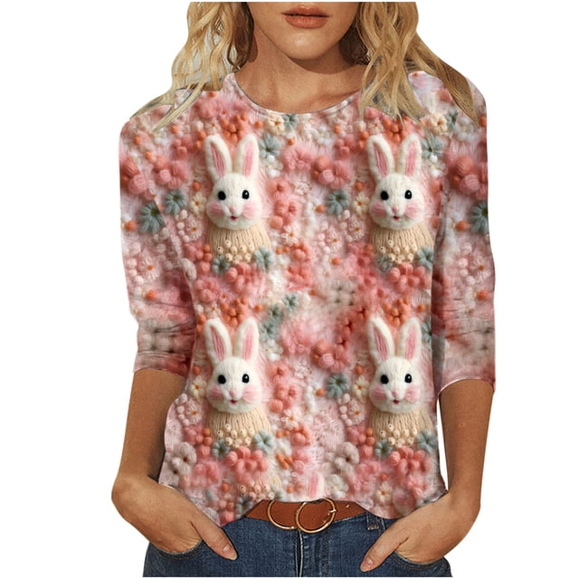 RKSTN Hauts pour Femmes Mode Décontractée Mignon Lapin de Pâques Imprimé Manches 3/4 Col Rond Hauts Printemps Été Imprimé 3D Chandail Froncé Blouse Hauts