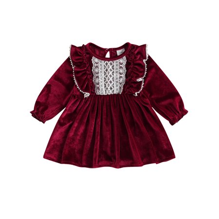 

Raruxxin Toddler Baby Girls A-line Princess Dress Autumn Spring Long Sleeve Round Neck Ruffle Lace Trim Pleated Party Dresses