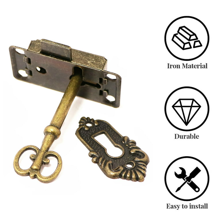 2 Sets Skeleton Key Lock Decorative Antique Brass Cabinet Lock with Key for  Chest Cupboard Furniture 