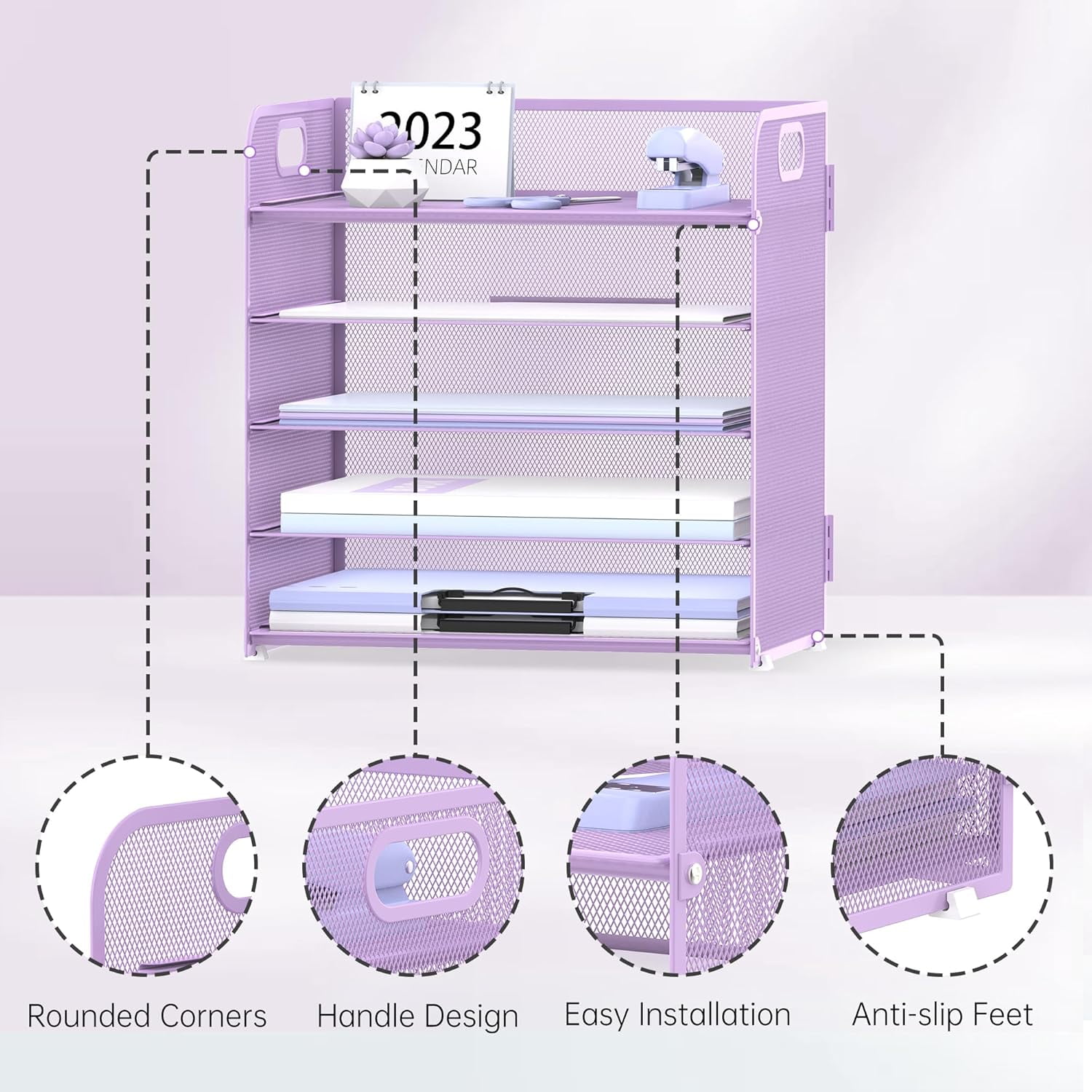 INTIGE 5-Tier Metal Desk Organizer with Handle, File Organizer, Purple, 1 Piece