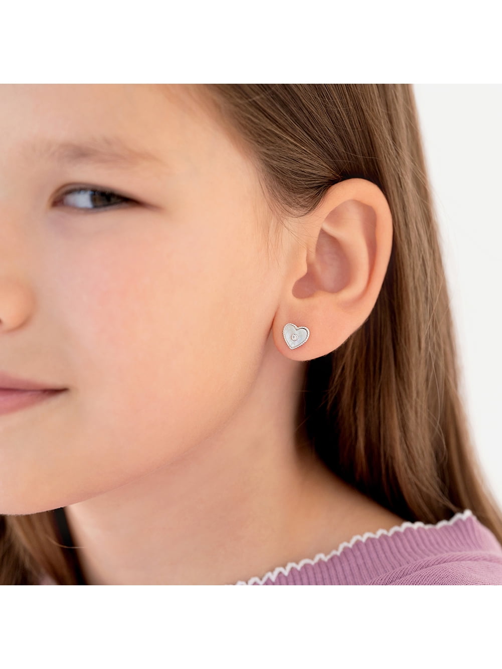 Simulated Mother of Pearl Heart Children's Earrings Screw Back - Sterling Silver