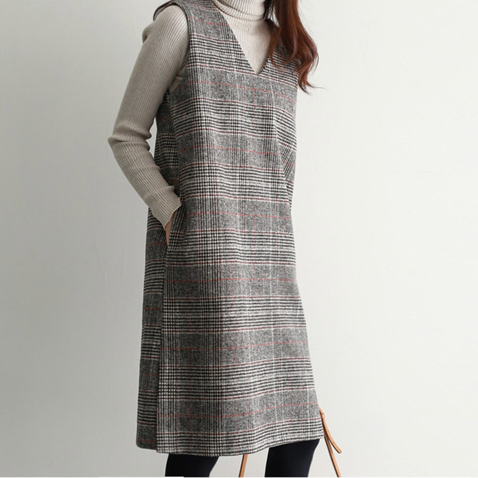 JGGSPWM Women's Fall Winter Plaid Woolen Overall Dress Casual Business Sleeveless Midi Tank Vest Dress Black M