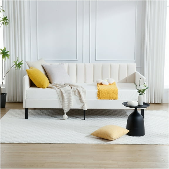 JERFIT Ivory Velvet Twin Daybed with Tufted Back, Modern Upholstered Sofa Bed for Living Room, Guest Room, No Box Spring Needed