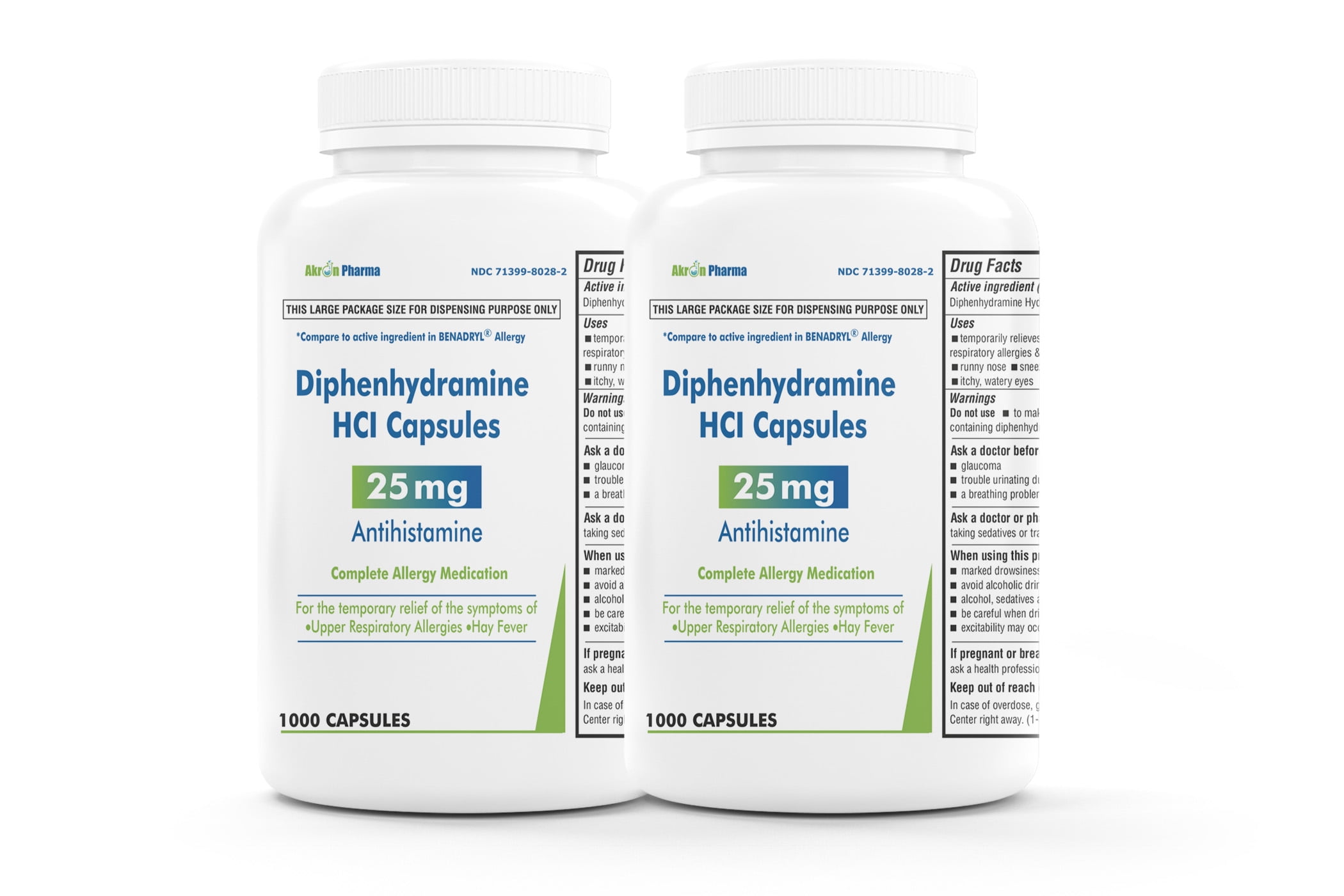 Diphenhydramine 25 mg HCI- 1000 Capsules- 2 Pack
