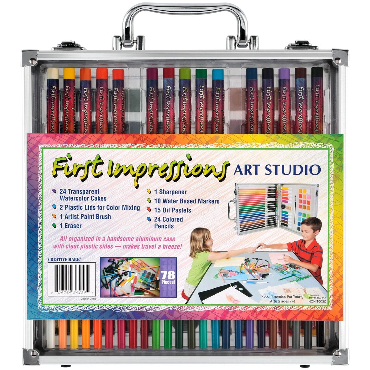 First Impressions 78 Piece Kids Art Studio Set - Travel and Storage Case  with Watercolors, Colored Pencils, Oil Pastels, Markers, Mixing Trays, and  Paintbrushes 