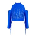 thumbnail image 3 of Runhomal Latin Dance Shirts for Girls Long Sleeve Cold Shoulder Tassels Dance Performance Crop Top Royal Blue 10, 3 of 5