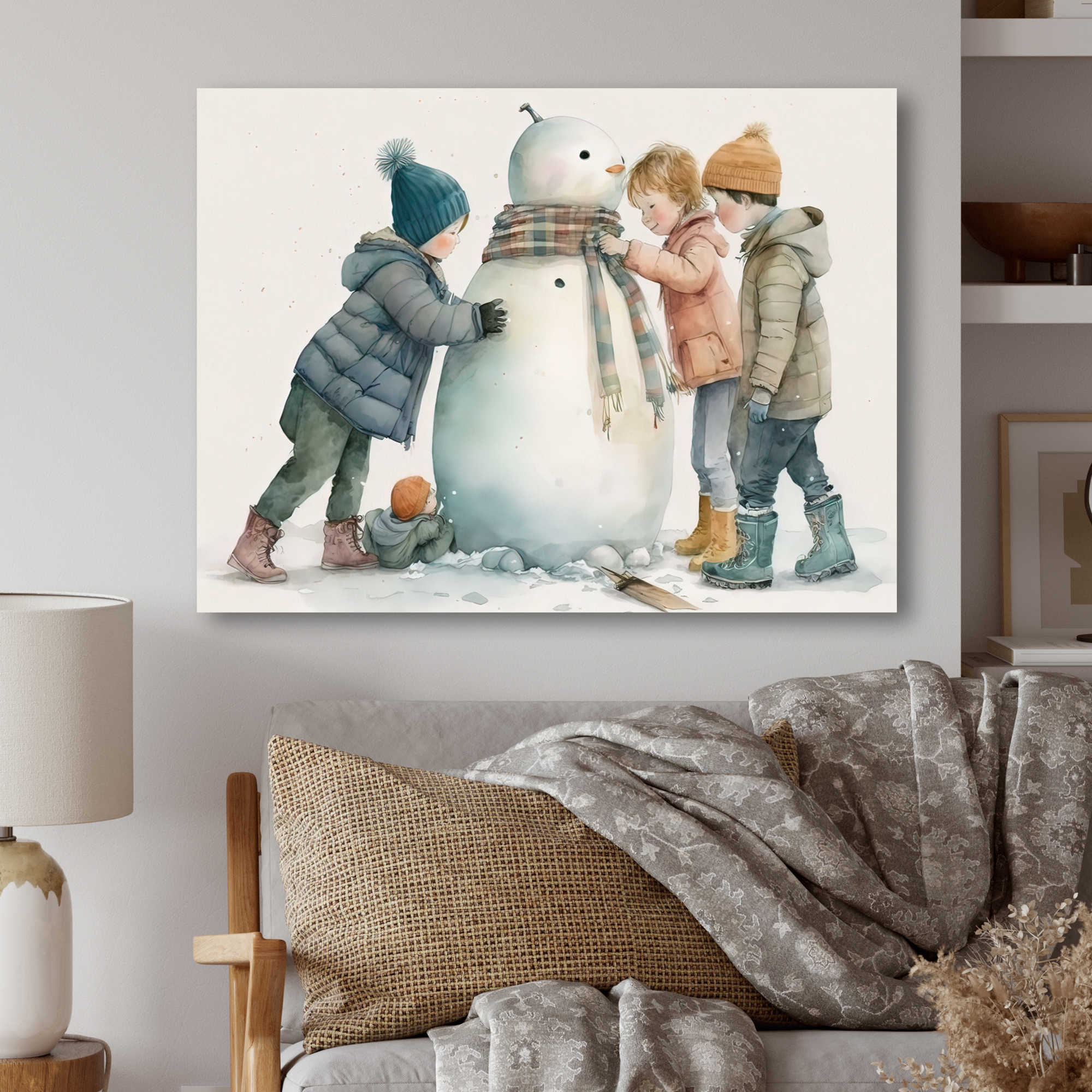 Designart Kids Building A Huge Snowman IV Canvas Wall Art