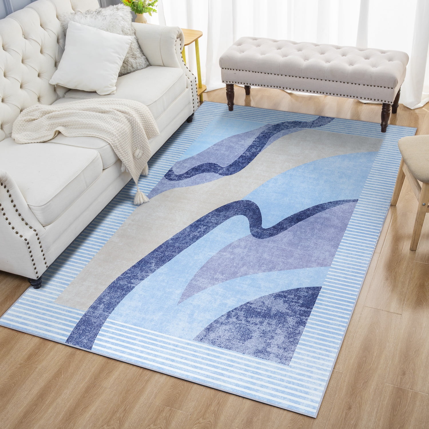 Astorug 4x6 Machine Washable Low Pile Soft Area Rug, Non-Slip Abstract Rug for Living Room, Bedroom, Blue