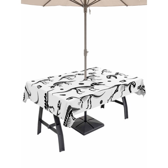 Outdoor Tablecloth with Umbrella Hole for Patio/Picnic/Party/Camping, Dinosaur Fossils Waterproof Table Cloth Rectangle Table Cover Washable, White Black Ancient Animals (52"x 70")