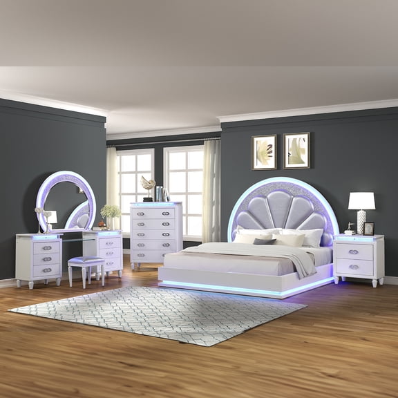 Matrix Furniture Perla Modern Style 5PC King LED Vanity Bedroom Set Made with Wood in white