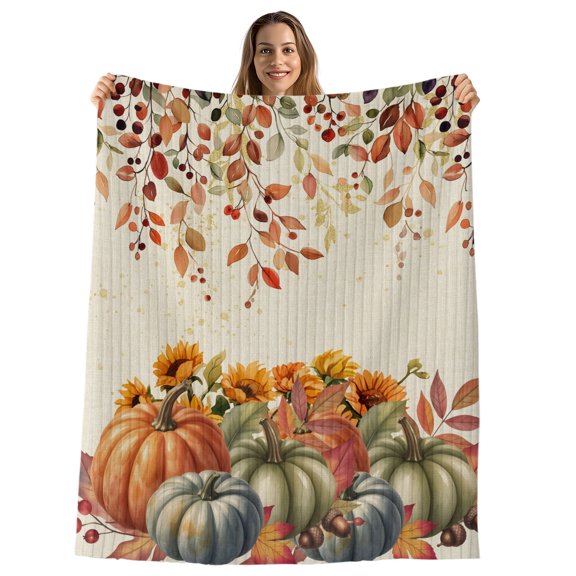 Green Orange Blue Pumpkin Throw Blanket, Flannel Fleece Blanket with Striped Design for Couch, Thanksgiving Fall Leaves Weeping Soft Breathable All Season Plush Blankets for Sofa Office Chair 30"x40"