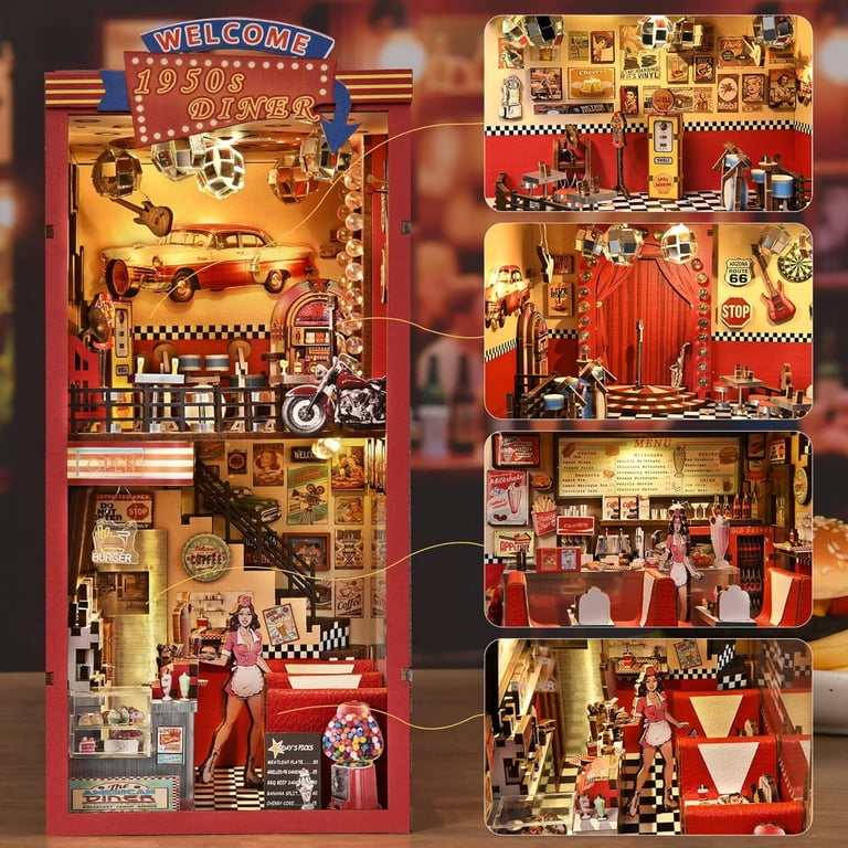 Book Nook Kit - Miniature 1950s Diner Dollhouse with LED Lights