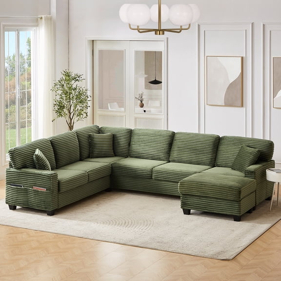 Euroco Sectional Sofa U-shaped Sectional 125.2" Upholstered L-shaped Sofa with a Movable Ottoman and Side Storage Pockets for Living Room, Green