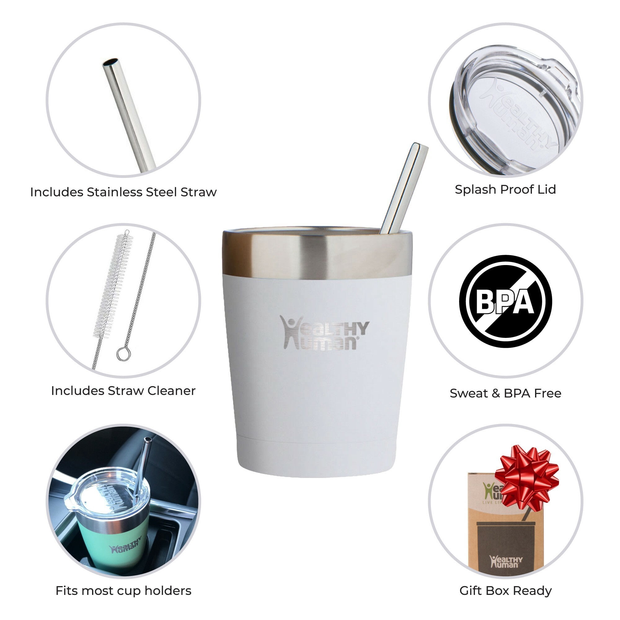 Healthy Human Stainless Steel Tumbler with Straw | Splash Proof Insulated Travel Cruiser Cup | Eco-Friendly Coffee Tumblers with Straws Cleaner & Splash Proof Lid (12oz, Pure White)