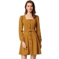 thumbnail image 1 of Vestido de pana con cinturón y cuello cuadrado de manga larga con botones en la parte delantera para mujer Otoño Invierno Marrón S, 1 of 5