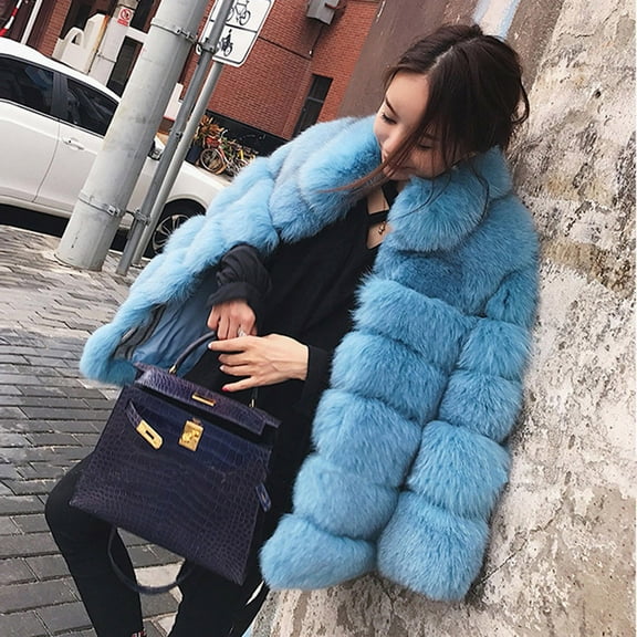 Abcnature Women's Solid Lapel Faux Plush Coat Cardigan Loose Pocket Coat Blue 4XL