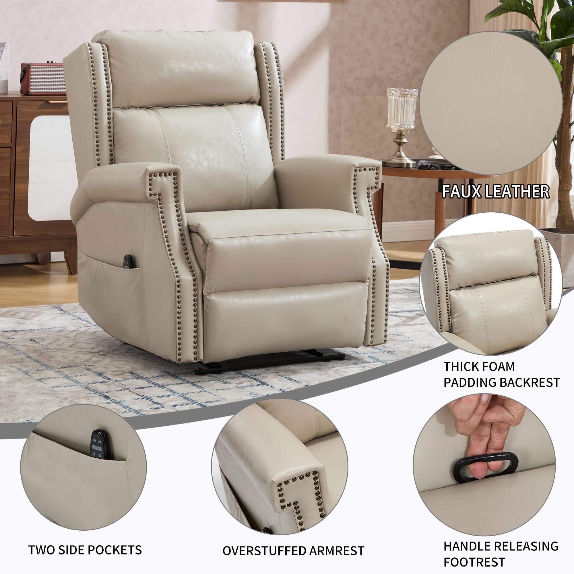 MAYEERTY Beige Faux Leather Manual Recliner Chair, 8 Nodes Massage Heat 155° 35"x38"x40" for Living Room