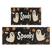 Halloween Kitchen Rug Set Of 2 Anti Fatigue Kitchen Mats for Floor,Cute Ghost Pumpkin Welcome Halloween Kitchen Rugs and Mats for Bathroom,Room Cooking (47x17 30x17 Inches)