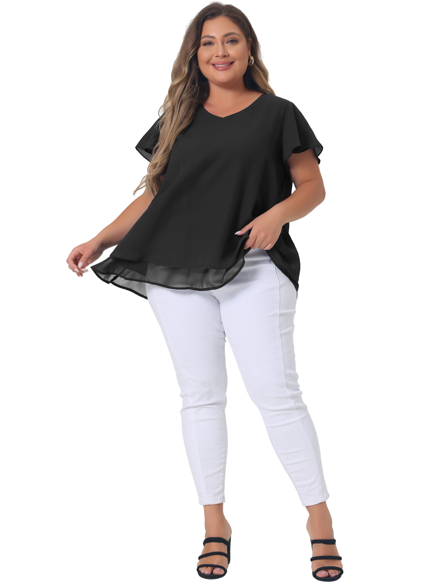 DARING DIVA Women's Plus Size Ruffle Short Sleeve V Neck Chiffon Blouse 5X Black