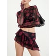thumbnail image 5 of Women 2 Piece Outfits Rose Print Sheer Long Sleeve Shirt and Irregular Mini Ruffle Skirt Set for Streetwear, 5 of 10