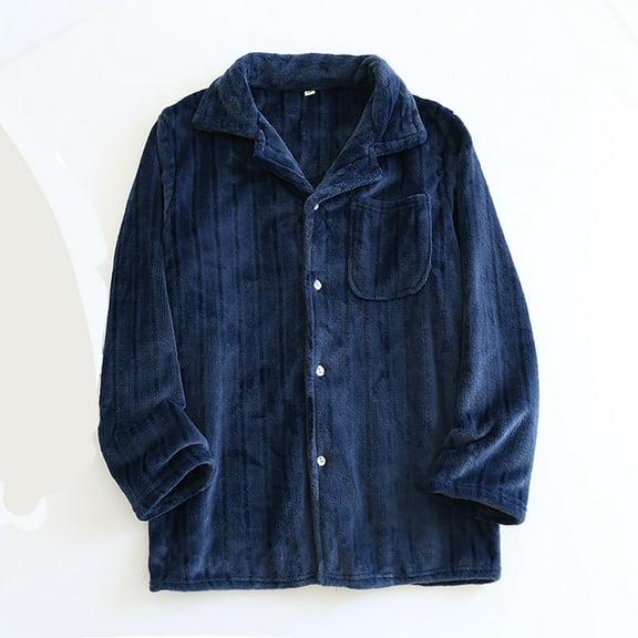 Letdown Winter Flannel Striped Top Pajama For Men Cozy Thermal Loungewear With Open Front Shirt Soft Sleepwear Loungewear Outfit For Cold Weather (Navy,XL)