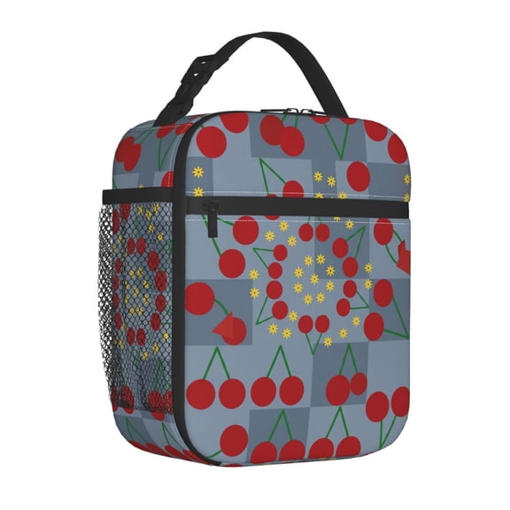 Cherries Lunch Bag Insulated Reusable Cooler Tote Portable Meal Prep Bag Side Mesh Pocket Work Office Picnic