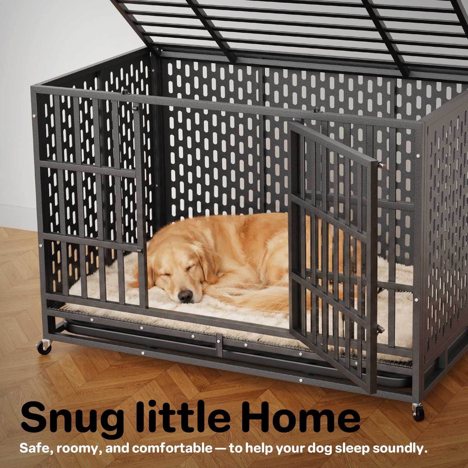 YOKWOK 48 Inch Heavy Duty Indestructible Dog Crate Cage, Chew Proof & Escape-Proof XL Kennel for High Anxiety Large Dogs, with Locking Wheels and Removable Tray for Indoor & Outdoor Use, Black