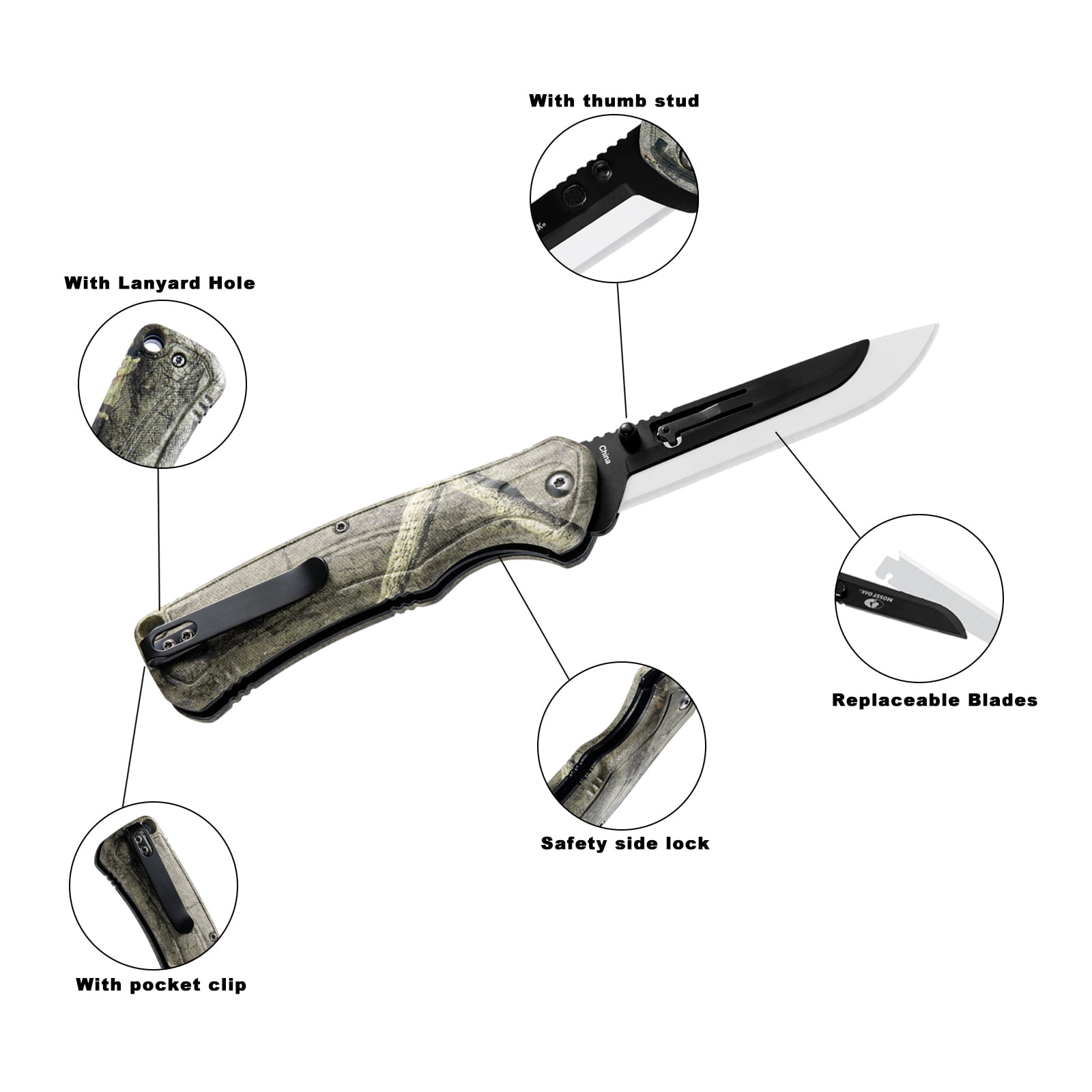 Mossy Oak 13 Pieces Replaceable Blades Knives,4.75 inches Folding Knife Set,with LED Light
