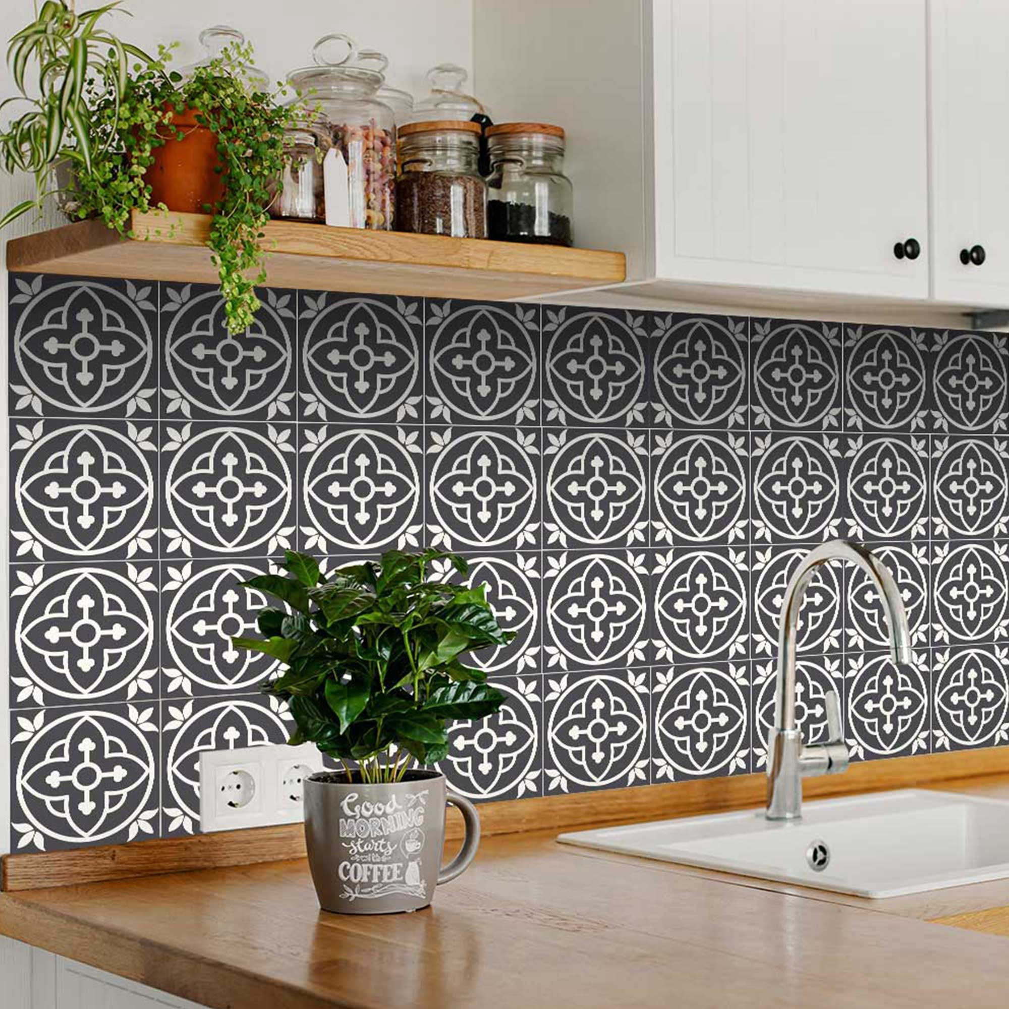 Mi Alma Removable Vinyl Floral Gray White Backsplash Tile Stickers, 24pcs