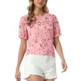 thumbnail image 4 of INSPIRE CHIC Mother's Day Women's Chiffon Tops Short Sleeves Ruffled Trim Floral Work Office Blouse XL Pink, 4 of 6