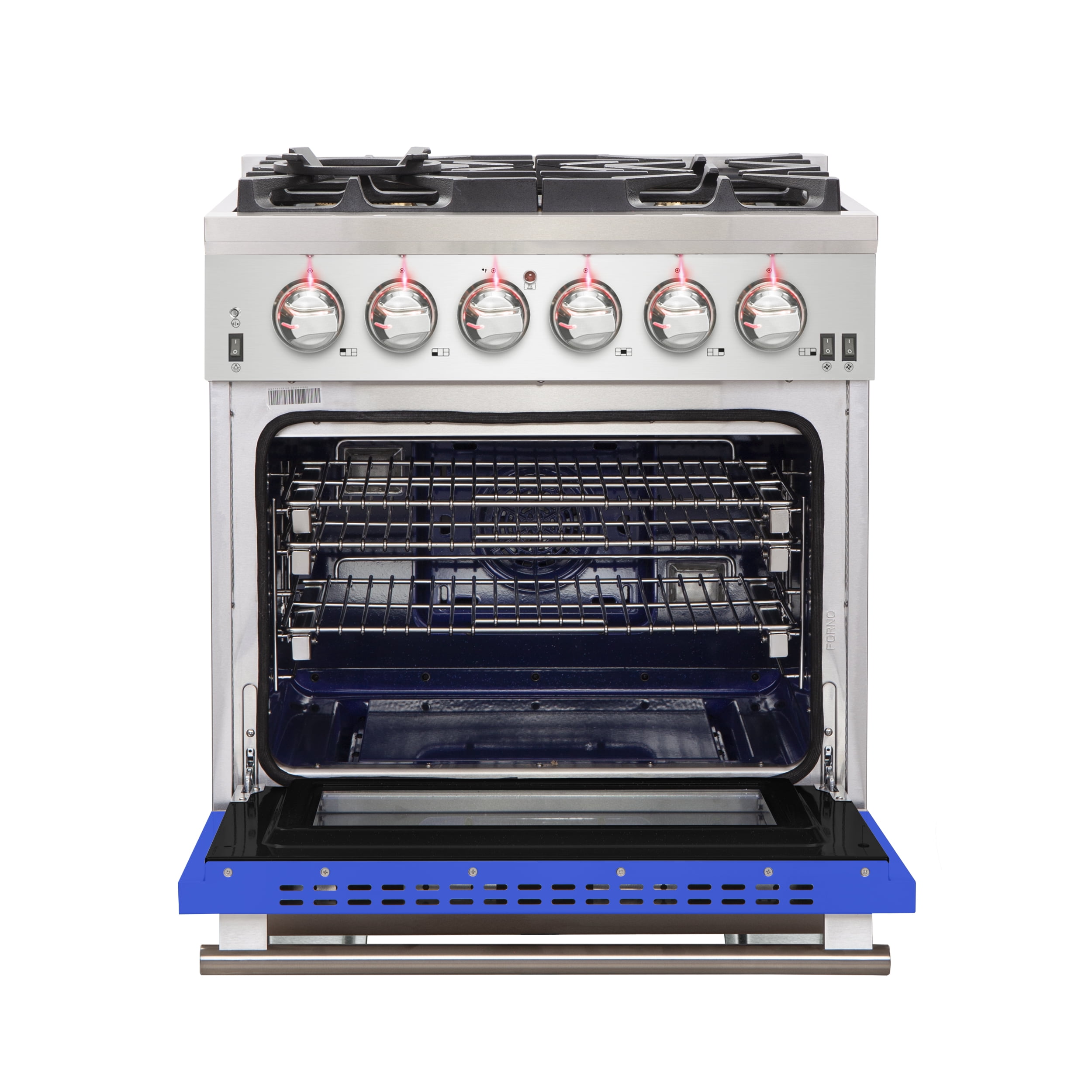 Forno Capriasca 30-Inch Freestanding Gas Range, 4 Burners, True Convection Oven, Blue Door
