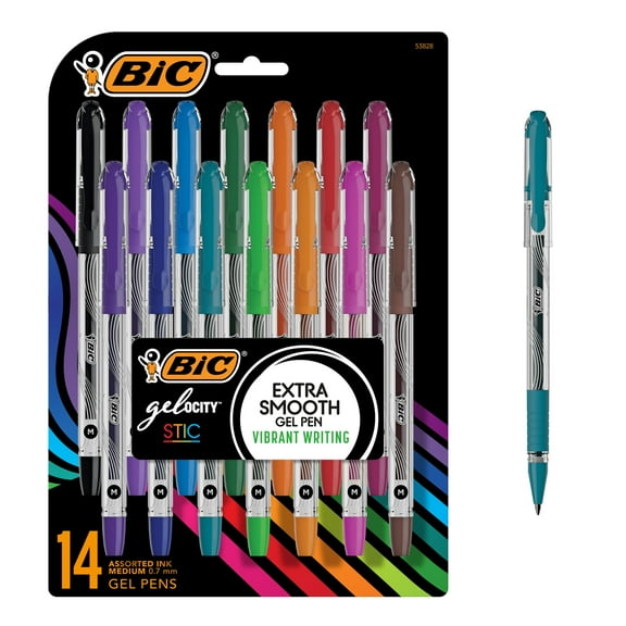 BIC Gel-ocity Stic Gel Pens, Medium Point, 0.7 mm, Clear Barrel, Assorted Ink, Pack of 14 Pens