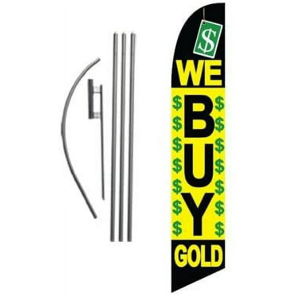 We Buy Gold Pawn Shop Advertising Feather Banner Swooper Flag Sign with Flag Pole Kit and Ground Stake