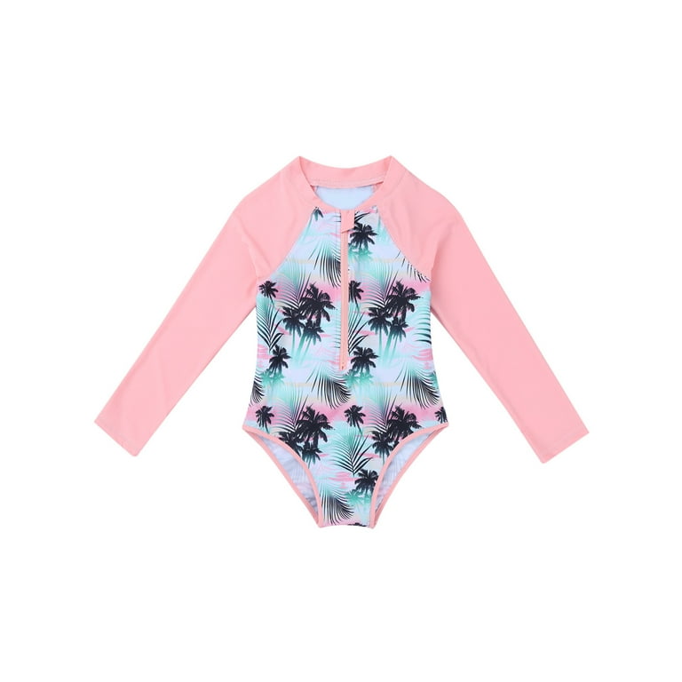 iiniim Kids Swimwear: Girls Palm Pattern Long Sleeve Zipper Rash