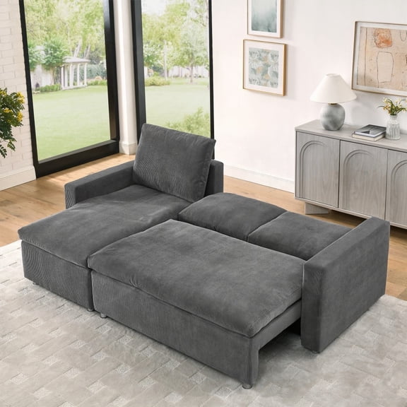 Modern L-Shaped Sleeper Sofa (90"), Gray Corduroy for Living Room