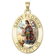 Saint Florian Oval Religious Medal Color - 2/3 X 3/4 Inch Size of Nickel, Solid 14K Yellow Gold