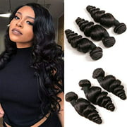 DAIMER Brazilian Loose Wave Bundles 14 16 18 Inch 3 Pcs Virgin Unprocessed Human Hair Weave Extensions Natural Color
