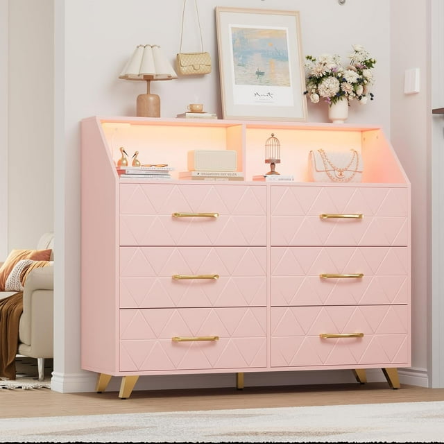 6 Drawer Dresser with LED Lights & Charging Station, Wooden Pink Dresser for Bedroom, Modern TV Stand Dressers & Chests of Drawers for Closet, Hallway, Entryway