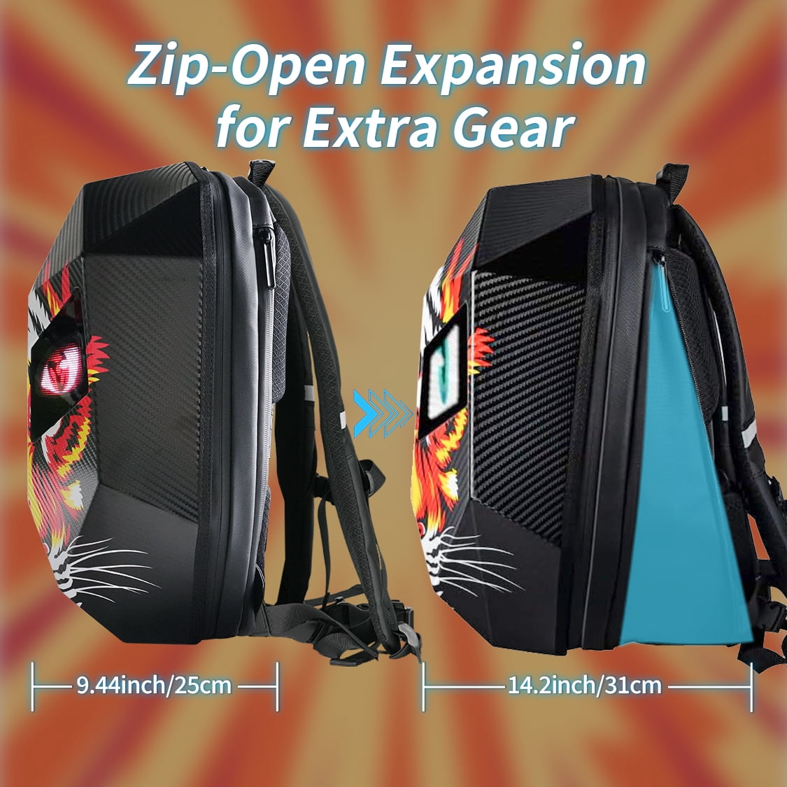 19" LED Backpack, Animated Digital Motorcycle Backpack with Programmable Moving Eyes, DIY Graffiti, Perfect Tech Gear - Tiger