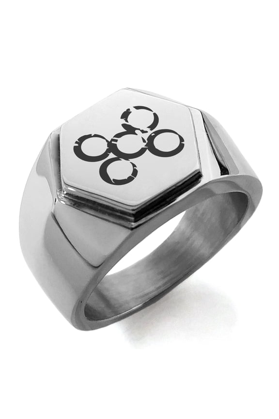 Stainless Steel Ancient Tribal Loyalty Rune Engraved Hexagon Crest Flat Top Biker Style Polished Ring