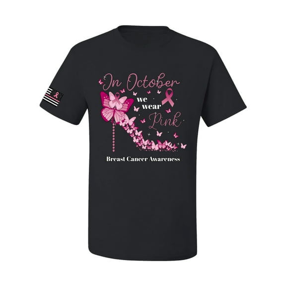 Wild Bobby In October We Wear Pink Diamond Heel US Flag Breast Cancer Awareness Men Tee, Black, Small