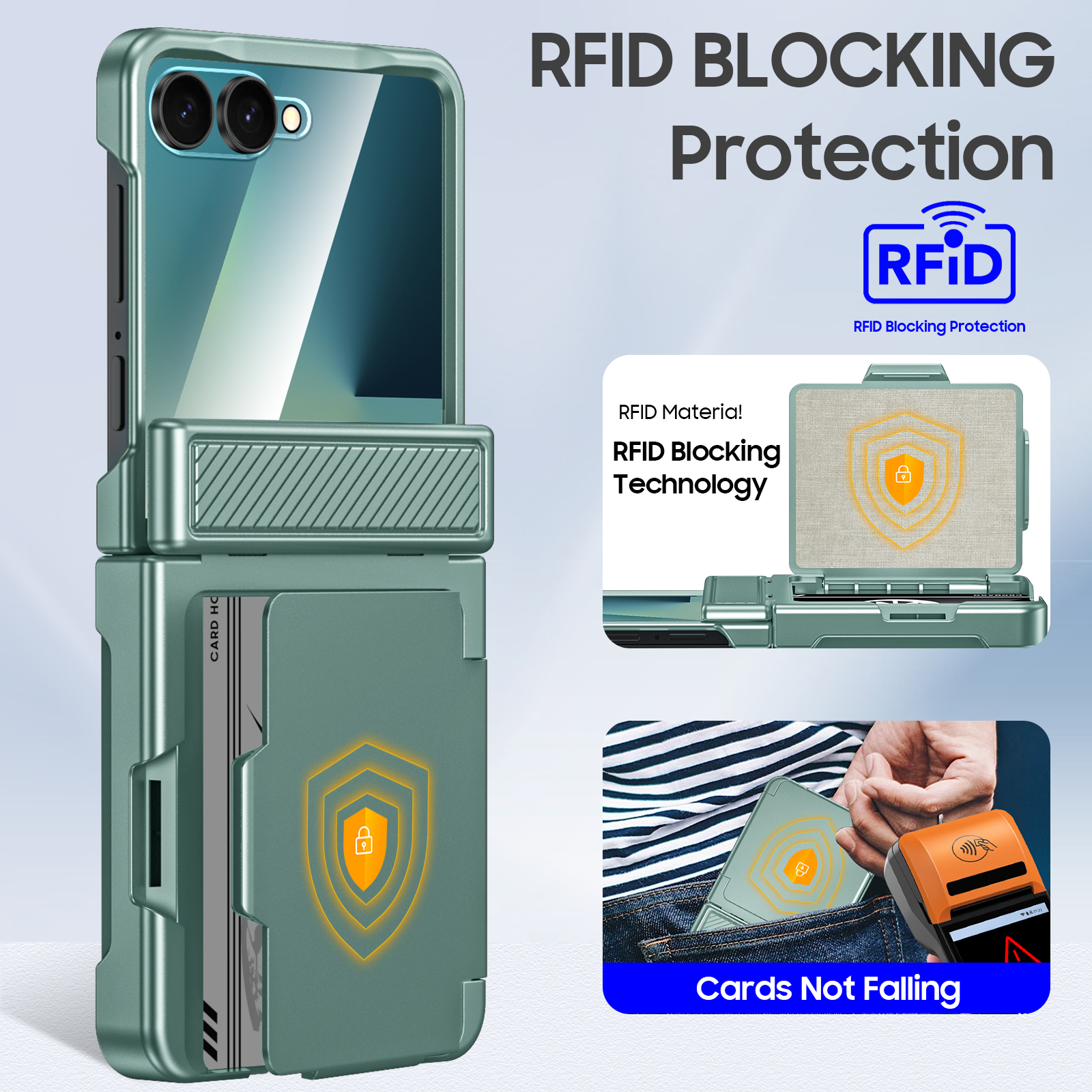 Vizvera for Samsung Galaxy Z Flip 7 Phone Case with Card Holder RFID Blocking,Built in Hinge Protection, Screen Protector-Light Green