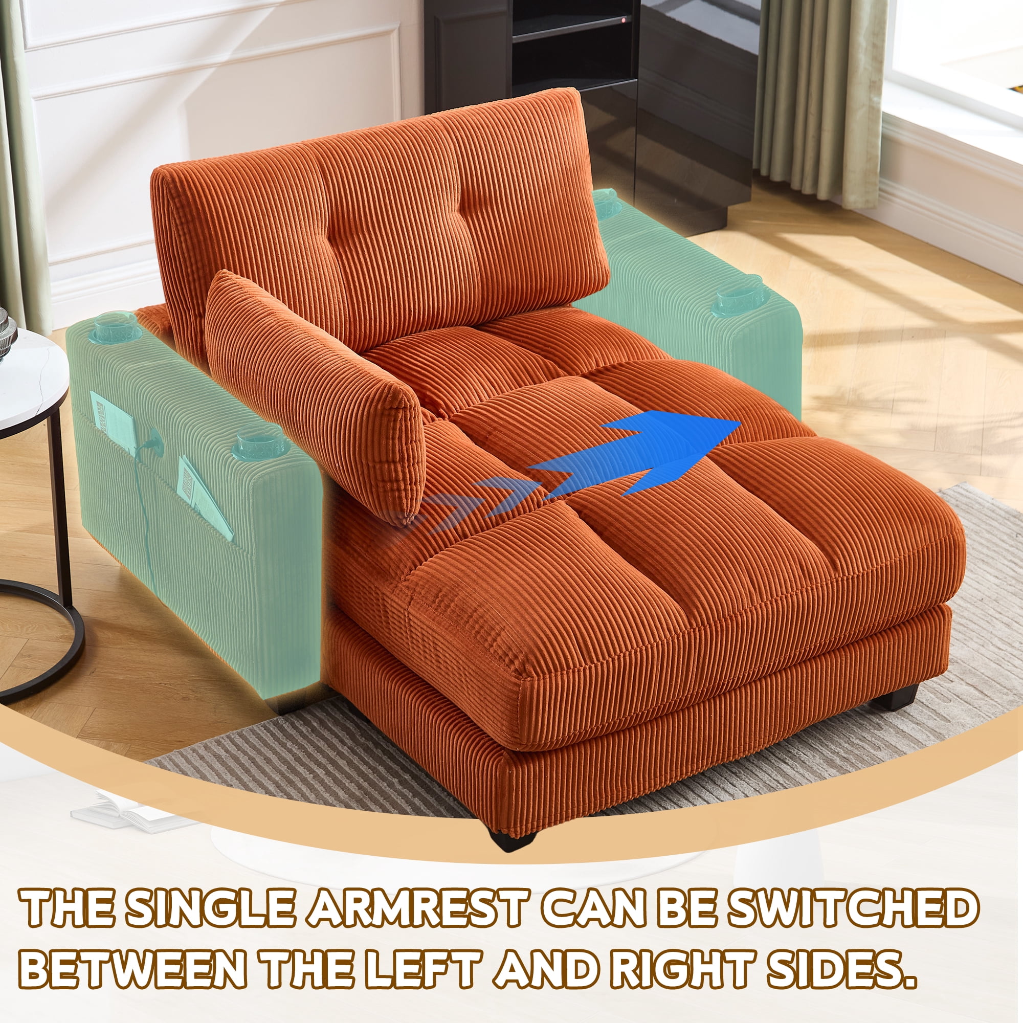 MOONMISS Corduroy Upholstered Soft Deep Seat Sleeper Sofa with USB,TYPE-C&2 Cup Holders-Orange