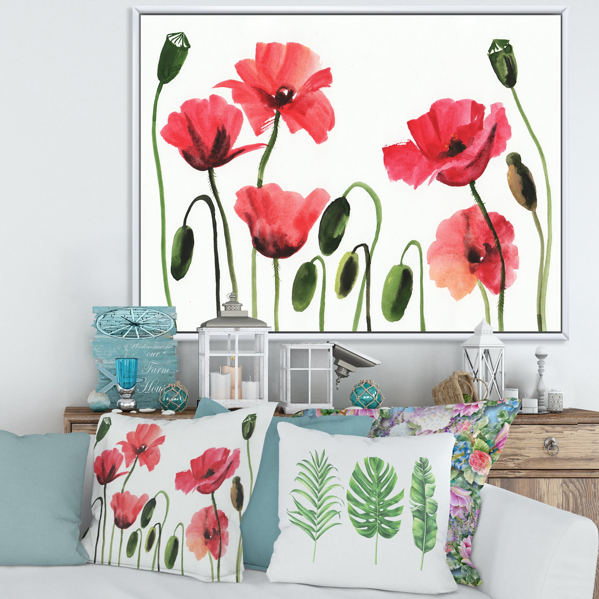 Ancient Red Blooming Poppies 40 in x 30 in Framed Painting Canvas Art Print, by Designart