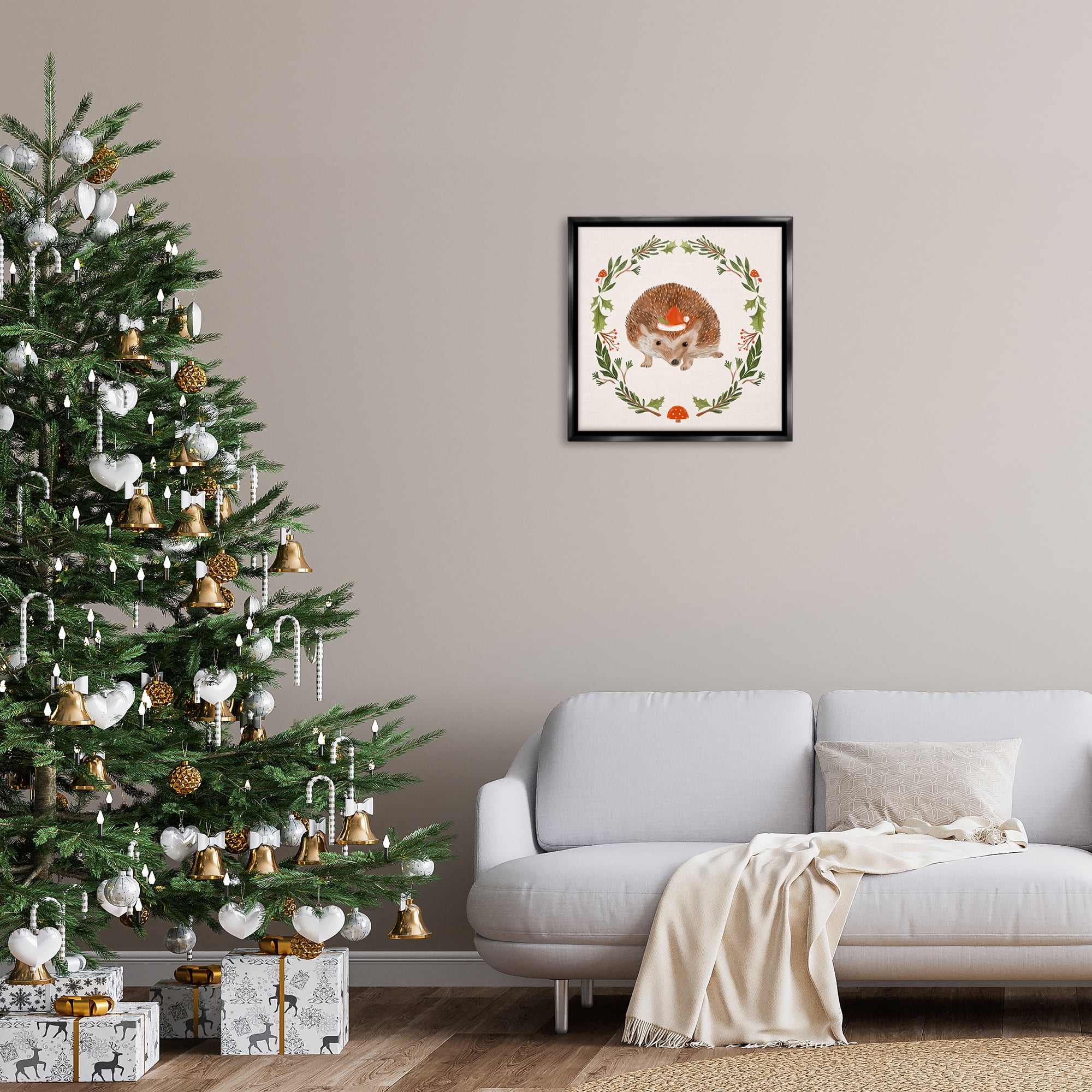 Stupell Industries Holiday Hedgehog Wreaf Holiday Painting Black Floater Framed Canvas Art Prints Wall Art, 25 x 25