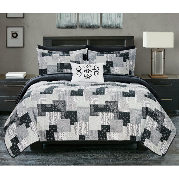 Chic Home Viona 4-Piece Reversible Printed Quilt Set, Queen, Black